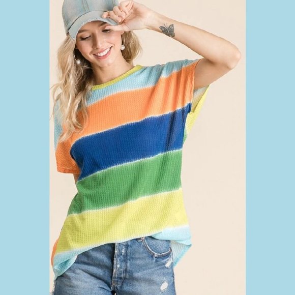 ORANGE MULTI COLOR STRIPE DETAIL TOP Made in USA - Picture 1 of 6